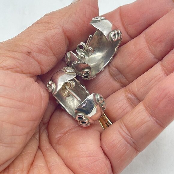 Vintage Sterling Silver Half Hoop Earrings With Intricate Swirl Design - Picture 6 of 8